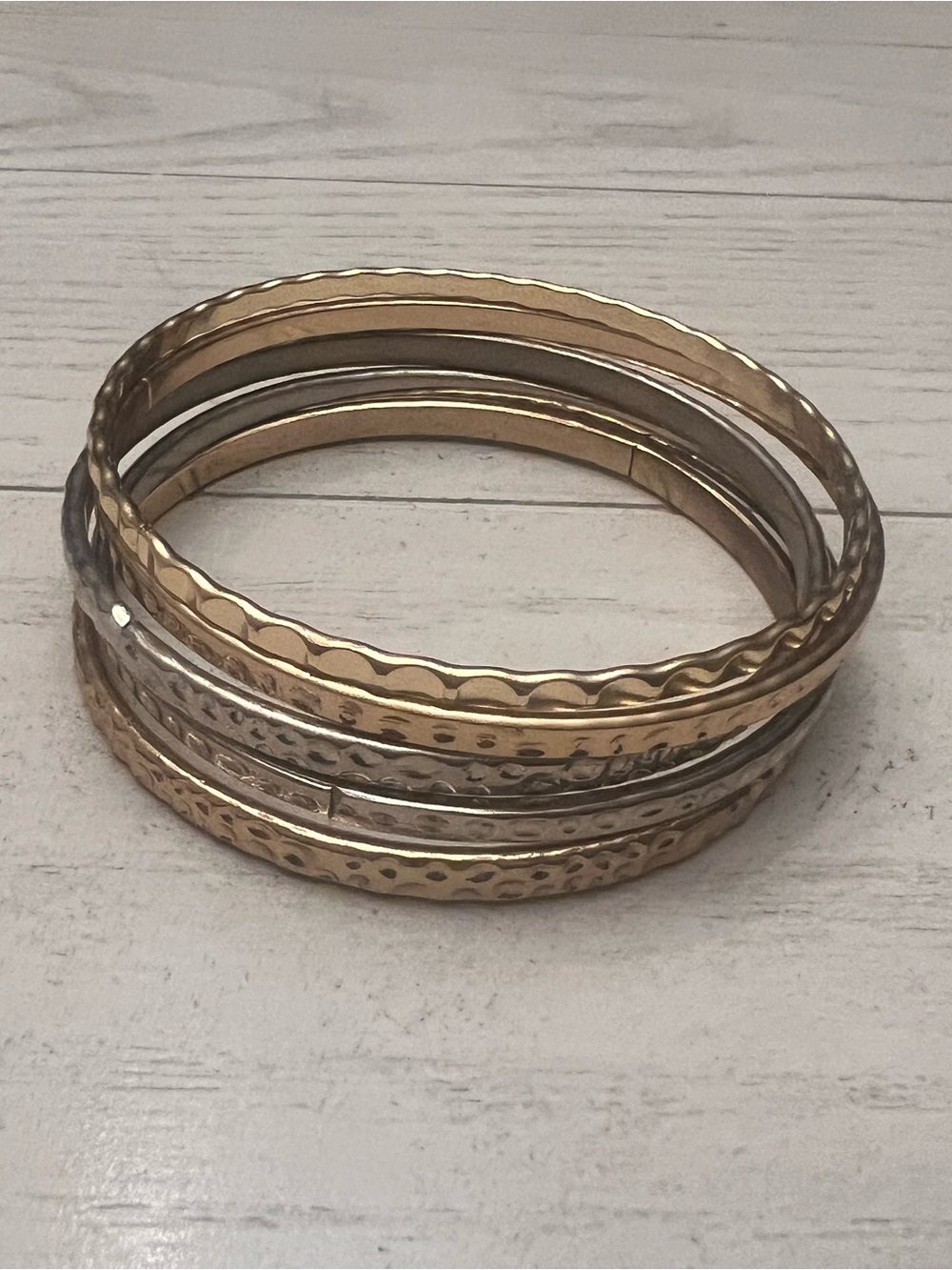 Stacked Hammered Metal Bangle Bracelets - Two-Tone Gold & Silver - Picture 1 of 3